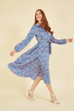 Yumi Blue Ditsy Print Long Sleeve Midi Shirt Dress