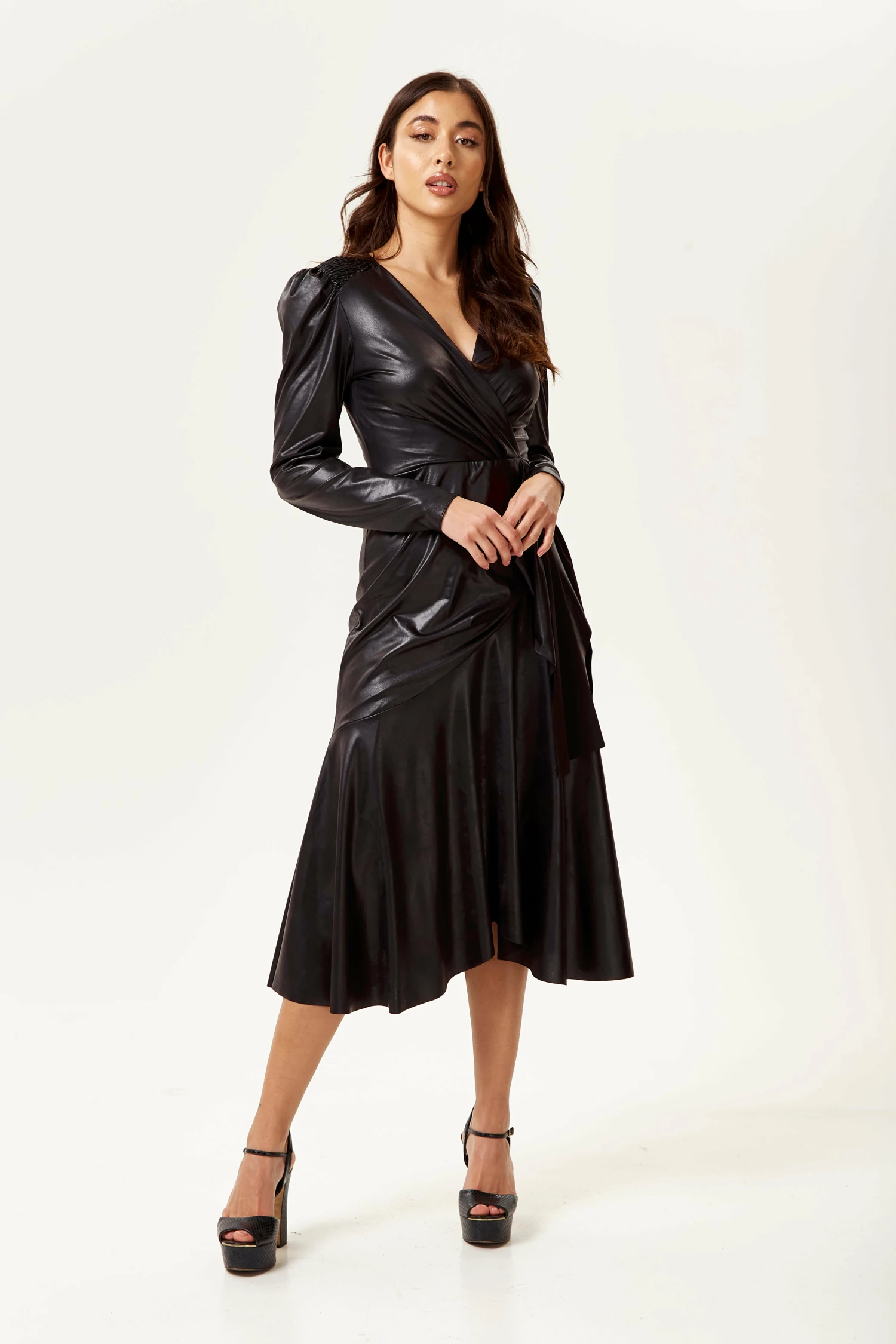 Liquorish Pu Wrap Midi Dress In Black With Long Sleeves 2 Liquorish Pu Wrap Midi Dress In Black With Long Sleeves - Image 2