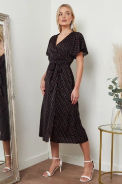 Lilura London Angel Sleeves Midi Wrap Dress In Black Floral -Liquosmi Store iCaPxC0R 15698