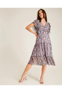 Dusty Pink Frilled Panel Floral Midi Dress