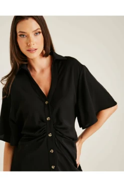 Dusty Pink Ruched Front Button Up Dress | Black -Liquosmi Store jHdhuGVJ 12200