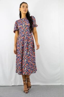 Signage Blue Floral Print Round Neck Puff Sleeve Midi Dress -Liquosmi Store jc3xhsC0 15266
