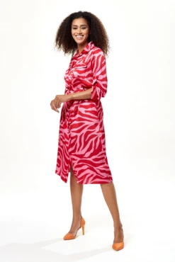 Liquorish Pink And Red Zebra Print Midi Shirt Dress