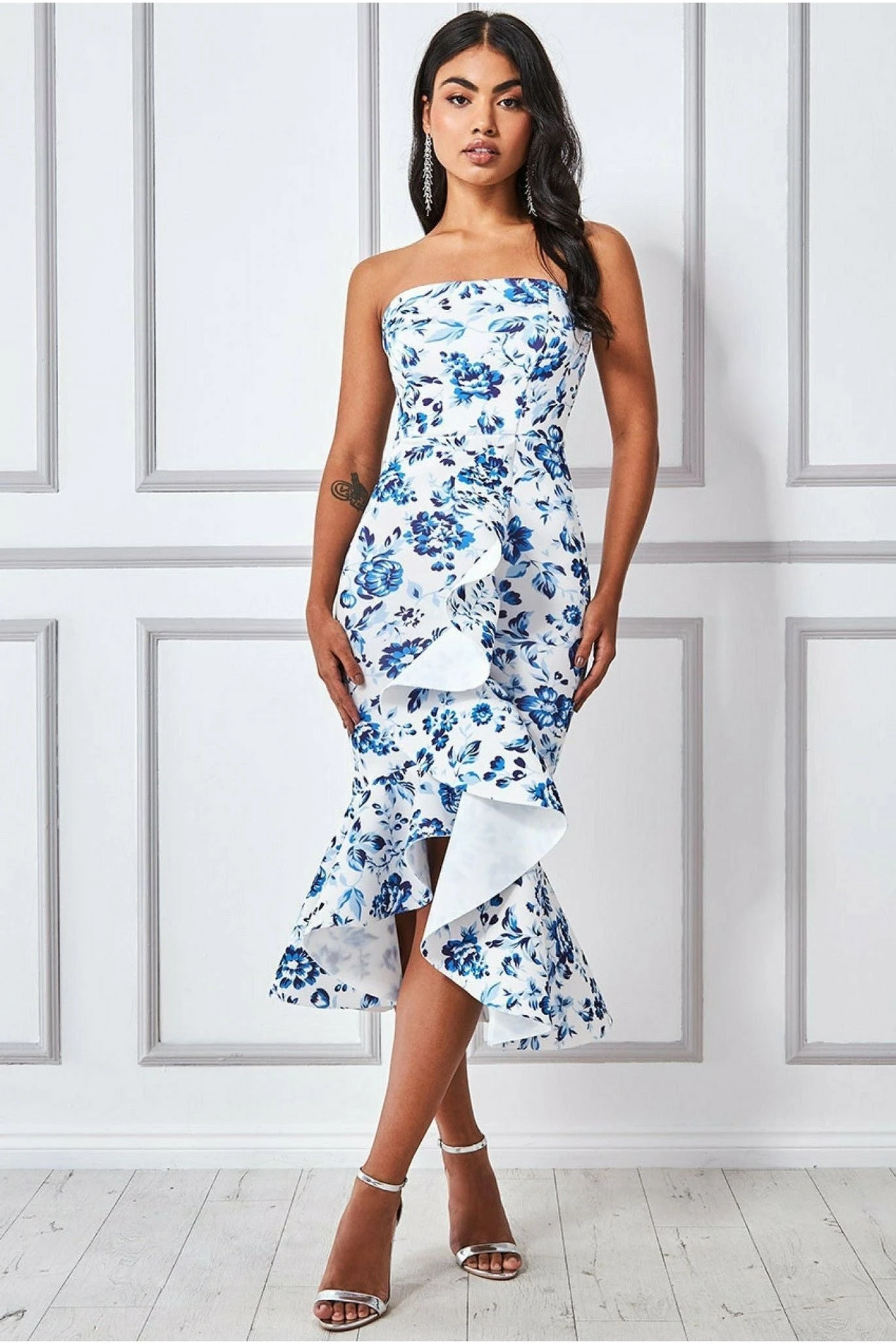 Goddiva Bow Bandeau Midi With Ruffles - Blue Print 1 Goddiva Bow Bandeau Midi With Ruffles - Blue Print