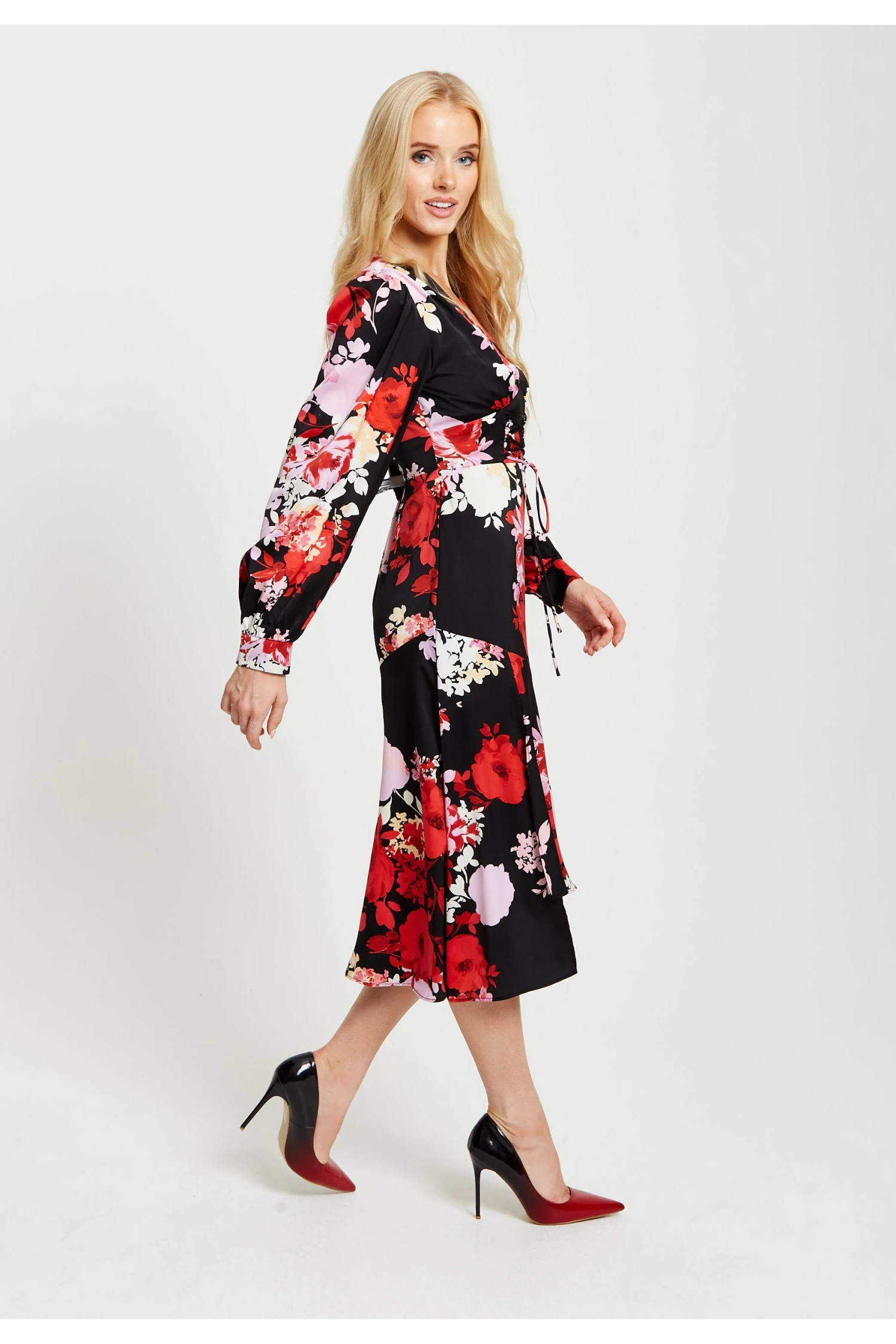 Liquorish Rose Print Midi Lace Up Dress In Red And Pink 4 Liquorish Rose Print Midi Lace Up Dress In Red And Pink - Image 4