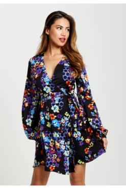 Liquorish Speckle Floral Print Mini Wrap Dress