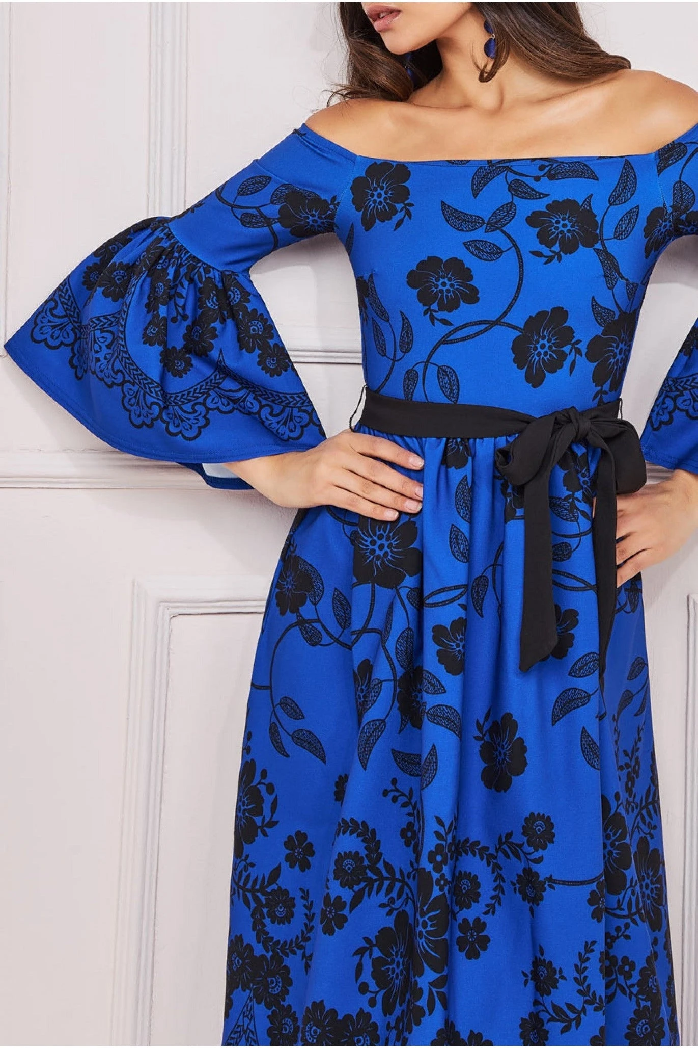 Goddiva Printed Off The Shoulder Midi Dress - Royalblue 4 Goddiva Printed Off The Shoulder Midi Dress - Royalblue - Image 4
