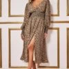 Goddiva Long Sleeve Midi Shirred Waistband - Animal Print