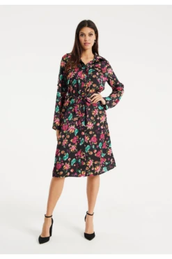 Liquorish Floral Print Shirt Dress In Multicolour & Black