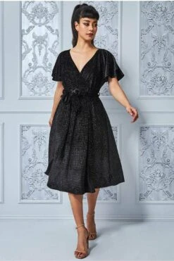Goddiva Sparkle Wrap Style Flutter Sleeve Midi Dress - Black -Liquosmi Store oAwxKndQ 6398
