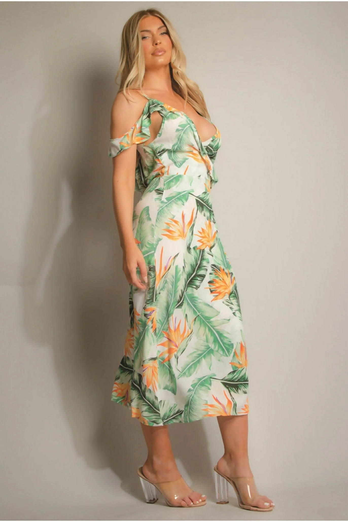 De La Creme Fashions Green Tropical Print Wrap Midi Dress 3 De La Creme Fashions Green Tropical Print Wrap Midi Dress - Image 3