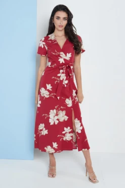Lilura London Wrap Front Maxi Dress In Red Floral Print