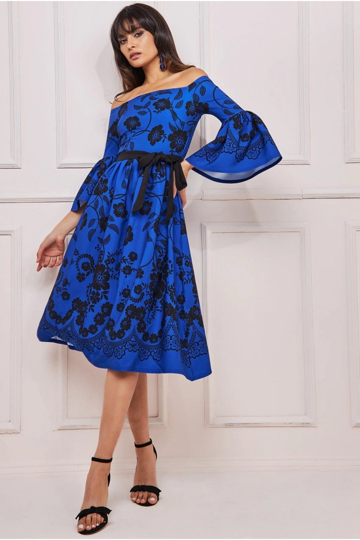 Goddiva Printed Off The Shoulder Midi Dress - Royalblue 1 Goddiva Printed Off The Shoulder Midi Dress - Royalblue