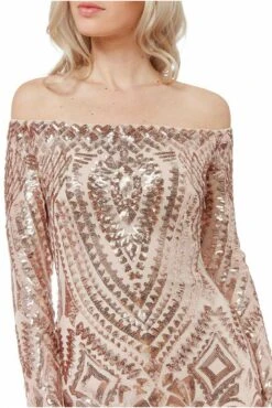 Goddiva Off The Shoulder Long Sleeve Sequin Maxi - Champagne -Liquosmi Store psTiynki 11385