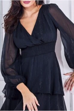 Goddiva Long Sleeve Tiered Midi Dress - Black -Liquosmi Store q61H2KC8 15278