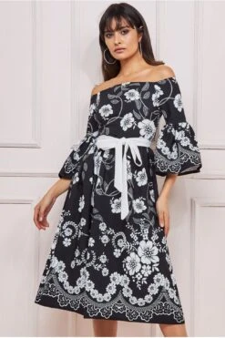 Goddiva Printed Off The Shoulder Midi Dress - Black -Liquosmi Store qEGJ0iC2 11617