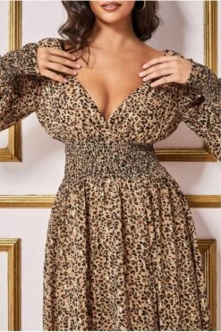 Goddiva Long Sleeve Midi Shirred Waistband - Animal Print -Liquosmi Store qN8q09f2 12220