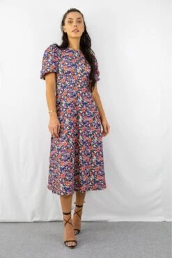 Signage Blue Floral Print Round Neck Puff Sleeve Midi Dress