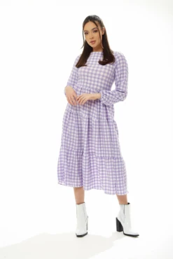 Liquorish Long Sleeves Gingham Midi Dress - Lilac White