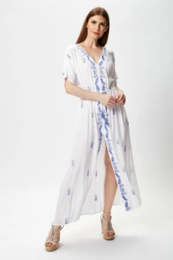 Liquorish White Maxi Beach Dress With Blue Embroidery