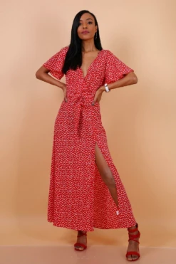 Lilura London Wrap Front Split Leg Maxi Dress Red Daisy Dot