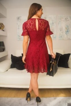 Double Second Red V-neck Lace Dress With Frilled Hem -Liquosmi Store rDlTAmqW 14420