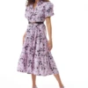 Liquorish Floral Print Button Up Midi Dress In Lilac