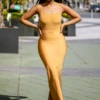 Setsofran London Mustard Ribbed Strappy Maxi Bandage Dress