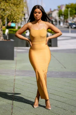 Setsofran London Mustard Ribbed Strappy Maxi Bandage Dress