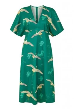 Yumi Green Crane Print Kimono Midi Dress -Liquosmi Store sGzkhaXe 14792