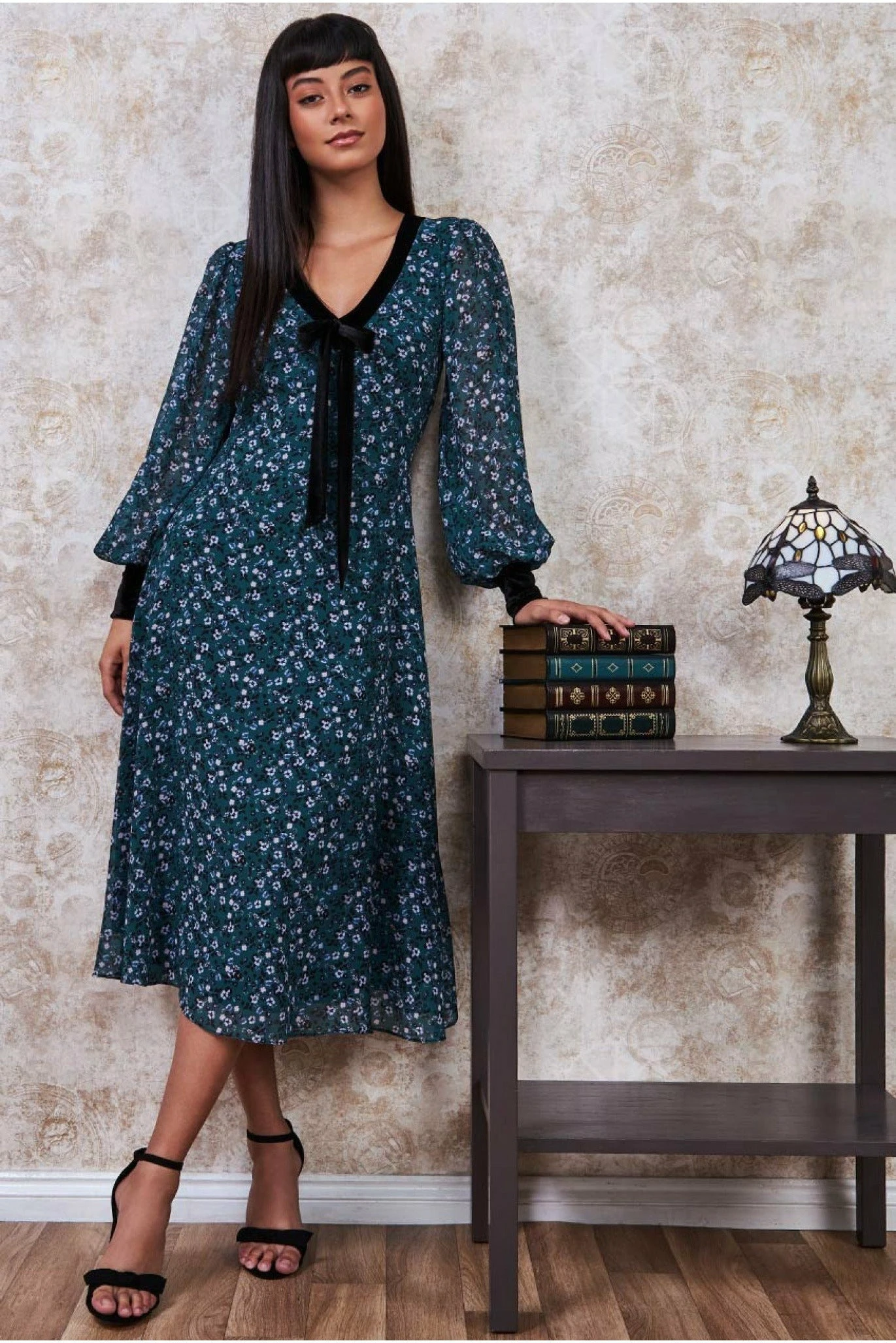 Goddiva Printed Necktie Midi Dress - Emerald Green 1 Goddiva Printed Necktie Midi Dress - Emerald Green