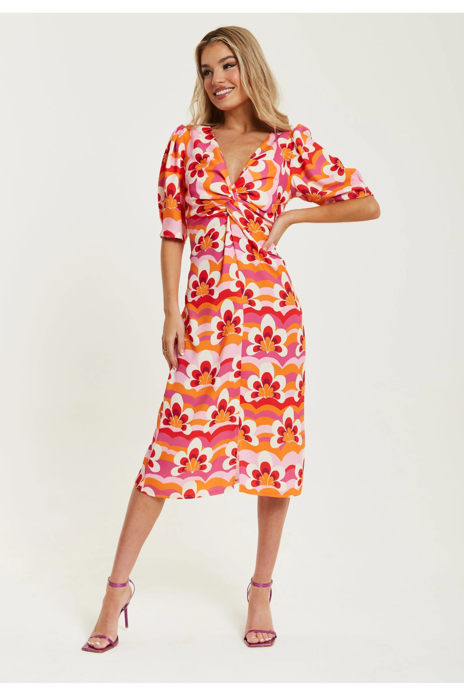 Liquorish Floral Knot Front Midi Dress In Orange And Pink 1 Liquorish Floral Knot Front Midi Dress In Orange And Pink