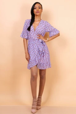 Lilura London Wrap Front Mini Dress With Tie Waist Purple