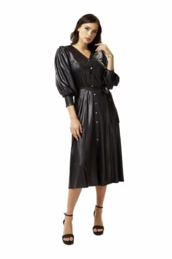 Liquorish Pu Midi Shirt Dress In Black With Balloon Sleeves