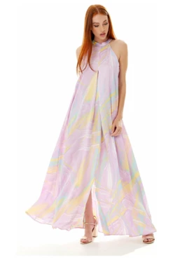 Liquorish Abstract Print Maxi Dress With A High Neck Lilac