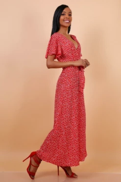 Lilura London Wrap Front Split Leg Maxi Dress Red Daisy Dot -Liquosmi Store tg3UxlQR 10615