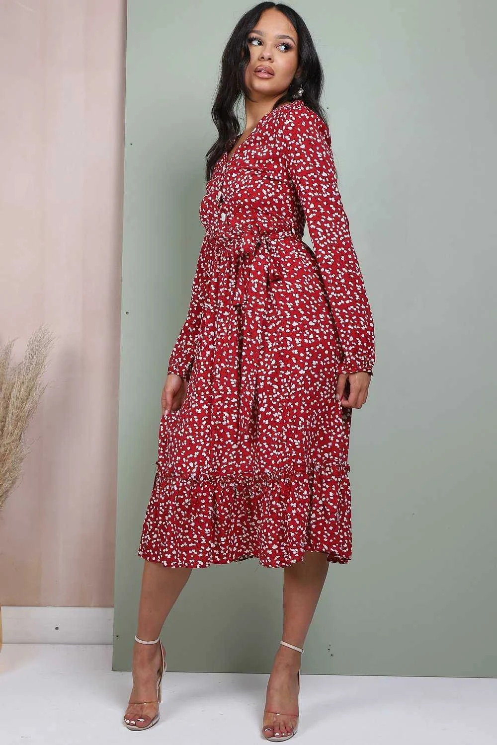 Lilura London Button Front Belted Midi Dress In Red Floral 4 Lilura London Button Front Belted Midi Dress In Red Floral - Image 4