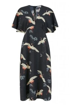 Yumi Black Crane Print Midi Dress -Liquosmi Store uaxxTWqS 14881