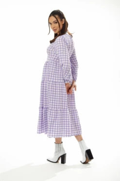 Liquorish Long Sleeves Gingham Midi Dress - Lilac White -Liquosmi Store udgCvcVi 9798