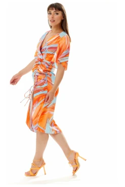 Liquorish Rouching Abstract Brush Stroke Print Midi Dress -Liquosmi Store uszYRTva 10690