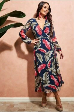 City Goddess Printed Wrap Midi Dress - Navy -Liquosmi Store ut2X57TP 10742