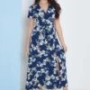 Lilura London Wrap Front Maxi Dress In Navy Blue Floral