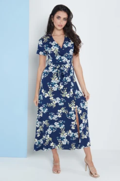 Lilura London Wrap Front Maxi Dress In Navy Blue Floral