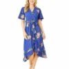 Mela London Blue Floral Dip Hem Wrap Midi Dress