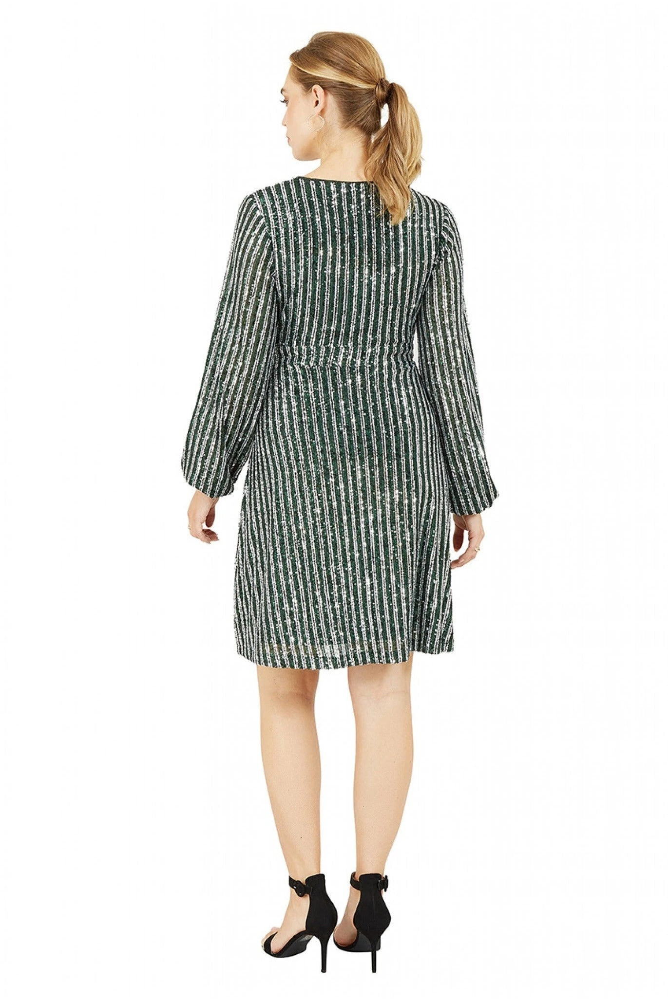 Yumi Green And Silver Stripe Sequin Wrap Dress 3 Yumi Green And Silver Stripe Sequin Wrap Dress - Image 3