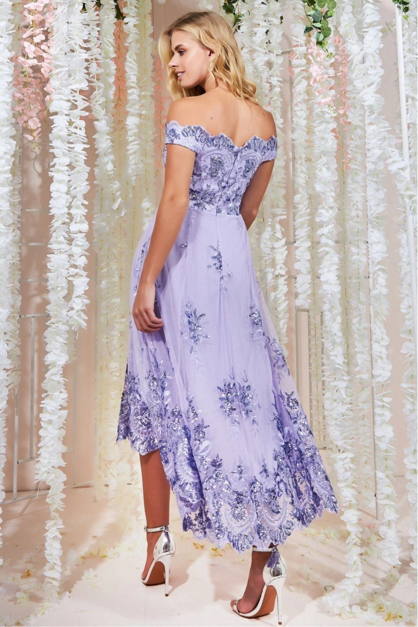 Goddiva Bardot Sequin & Lace High Low Midi - Lilac 2 Goddiva Bardot Sequin & Lace High Low Midi - Lilac - Image 2