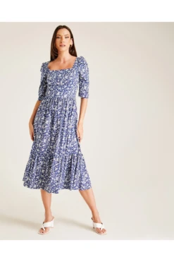 Dusty Pink Floral Square Neck Smock Dress | Blue