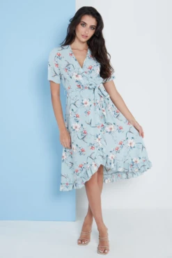 Lilura London Floral Frill Midi Wrap Dress In Blue -Liquosmi Store x8A887tT 15707