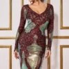 Goddiva Contrast Sequin Long Sleeve Midi Dress - Wine