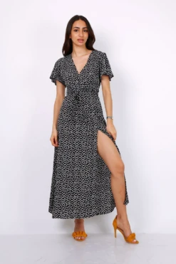 Lilura London Wrap Front Split Leg Maxi Dress In Black Daisy